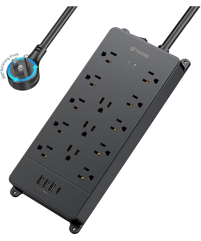 TROND Surge Protector Power Strip, 360° Rotating Flat Plug, 13AC Widely Spaced Outlets Expansion with USB C Port, 4000 Joules, 5ft Extension Cord Heavy Duty, Wall Mount, Under Desk, ETL Listed, Black