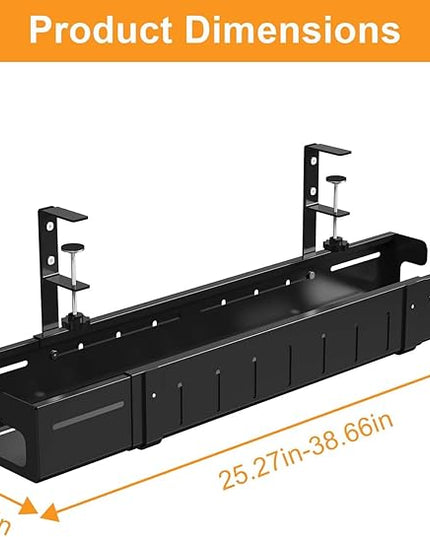 REALINN Under Desk Cable Management Tray Black, Expandable 25.27"-38.66" Sturdy Steel Desk Cord Hider Raceway for Office/Home