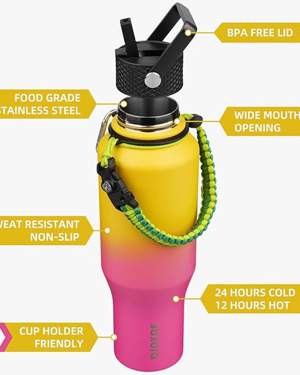 BJPKPK Insulated Water Bottles with Straw Lid, 35oz Metal Water Bottle with 2 lids & Paracord Strap, Double Wall Stainless Steel Vacuum Tumblers, Cups, Thermo for Hot& Cold Drinks, Pink & Yellow Rose