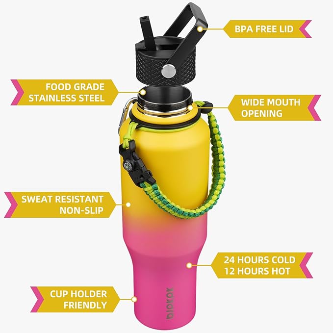 BJPKPK Insulated Water Bottles with Straw Lid, 35oz Metal Water Bottle with 2 lids & Paracord Strap, Double Wall Stainless Steel Vacuum Tumblers, Cups, Thermo for Hot& Cold Drinks, Pink & Yellow Rose