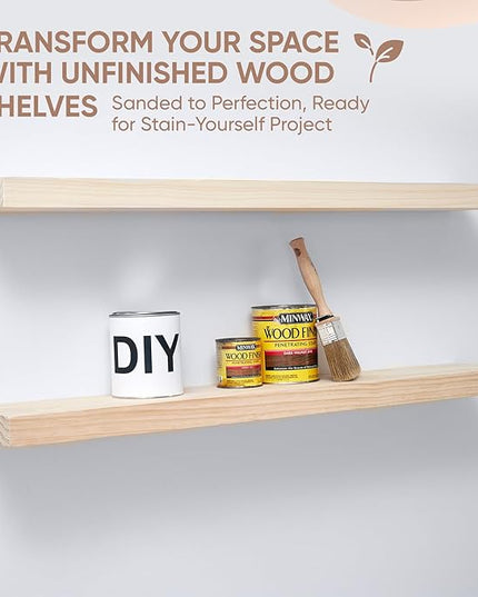 Homeforia Wood 48 inch Floating Shelf, High End Solid Natural Wood 48inch Floating Shelves for Wall Mounted, Unfinished Wooden Large Floating Shelves, Heavy Duty Bracket, 48 X 6.5 X 1.75 in, Set of 2