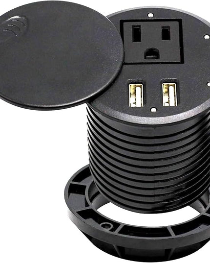 Recessed Power Strip,Quick Desktop Power Outlet,2 Outlets,4 USB Ports to Desktop,Plain Mounted Power Outlet,3" Hole,6.5 FT Cable for Computer,Desk,Kitchen,Desk Power Strip (Black)