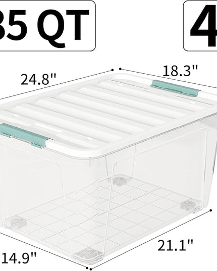 85-Quart Wheeled Latching Storage Box, Clear Stackable Organizer Box, Plastic Storage Bin Container with Latching Lids for Home Garage Organization (4 Pack)