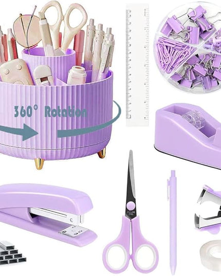 Desk Organizers and Accessories Set with 360-Degree Rotating Pen Holder, Tape Dispenser, Stapler, Staple Remover, 1000 Staples, Tape, Clips Set, Ruler, Scissor, Pen