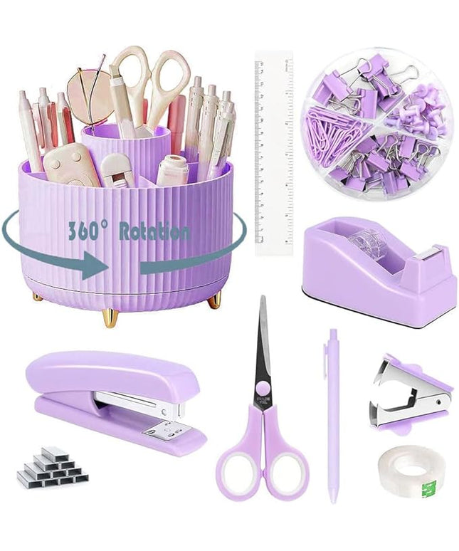 Desk Organizers and Accessories Set with 360-Degree Rotating Pen Holder, Tape Dispenser, Stapler, Staple Remover, 1000 Staples, Tape, Clips Set, Ruler, Scissor, Pen