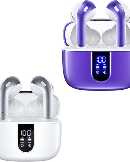TAGRY 2 Sets X08 White and Phantom Purple Bluetooth Headphones True Wireless Earbuds 60H Playback Ear Buds with Wireless Charging Case in-Ear Earbuds with Mic