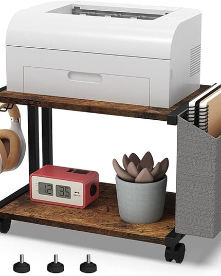 VEDECASA 2 Tier Rustic Brown Wooden Under Desk Printer Stand with Storage Bag for Home Office Desktop Printer Table Organizer Mobile Printer Shelf Cart with Caster Wheel