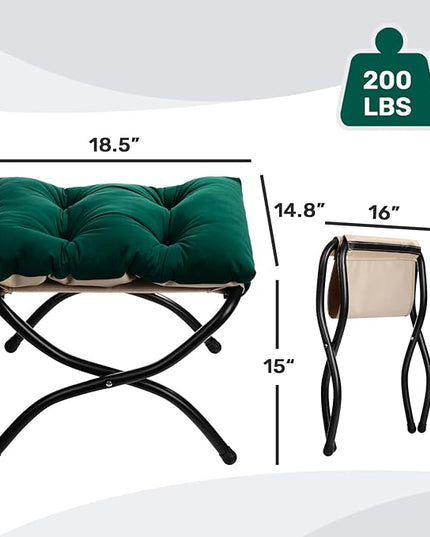 HollyHOME 15"(H) Folding Footrest Stool, Upholstered Small Foldable Ottoman, Accent Padded Sofa Foot Stool for Lazy Chair, Metal Frame Portable Foot Rest Ottoman for Home, Living Room, Bedroom, Green