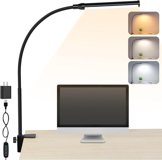 ShineTech LED Desk lamp with Clamp, Eye-Caring Clip Lights for Home Office, 3 Colors Full Brightness, Flexible USB Adapter Table Lamp, Black