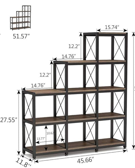Tribesigns 12 Shelves Bookshelf, Industrial Ladder Corner Bookshelf 9 Cubes Stepped Etagere Bookcase, Rustic 5-Tier Display Shelf Storage Organizer for Home Office (Rustic Brown)