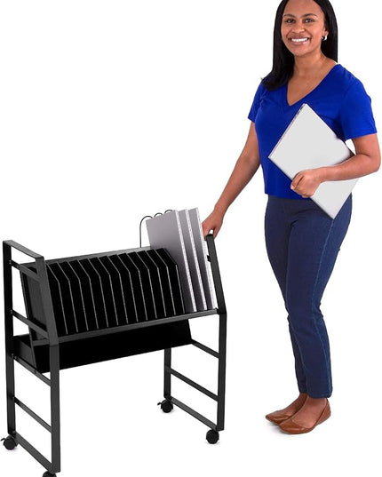 Line Leader 16-Device Mobile Charging Station | Steel Rolling Cart for Laptops, Tablets, & Chromebooks | Open Design with Dividers & UL-Certified Surge Protection | Portable Charging Stand (Black)