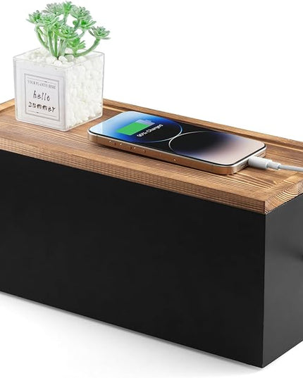 Wood Cable Management Box - Cable Organizer Box - 2 Open Slots Cords Hider Box - Under Desk Cord Organizer for Power Strip Extension Cord Surge Protector Charger Wire, Black