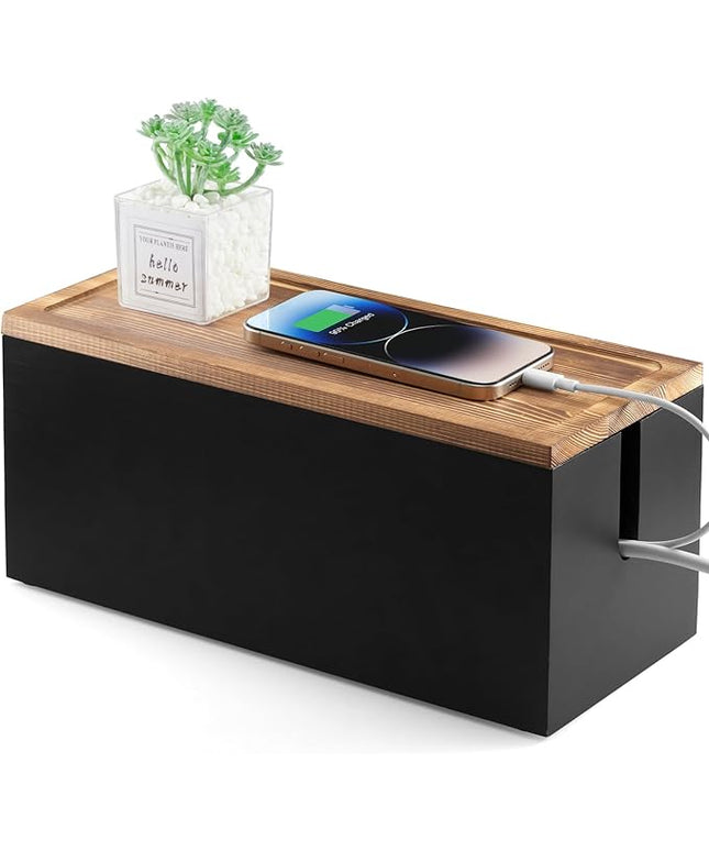 Wood Cable Management Box - Cable Organizer Box - 2 Open Slots Cords Hider Box - Under Desk Cord Organizer for Power Strip Extension Cord Surge Protector Charger Wire, Black