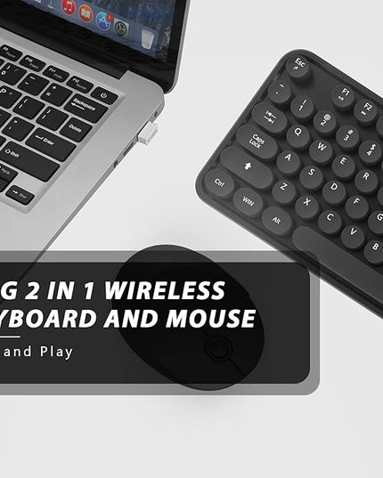 Wireless Keyboard and Mouse, KOOTOP Cute Black Keyboard and Mouse, 2.4G Wireless Keyboard with Retro Round Keycap for PC, Mac, Laptop,Tablet,Computer Windows (Black)