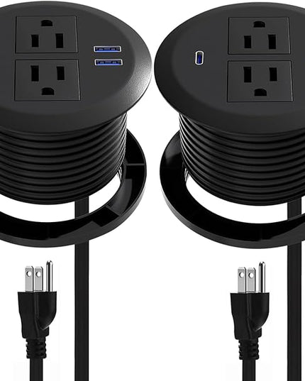 2 Pack Desktop Power Grommet,PD20W Fast Charging USB-C.3-inch Round Flush-Mount Desk Outlet,Meeoueoiu Recessed Grommet Outlet,3 USB Ports,2 AC Outlets,ETL Listed,6.5-FT Cord,Black