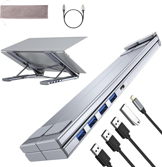 Umaniy M61 USB C to USB Hub Portable Laptop Stand, Aluminum 4 Ports USB3.0 Multiport Adapter Adjustable Laptop Docking Station Stand Compatible with MacBook Pro/Air, Chromebook, Keyboard, Mouse, HDD