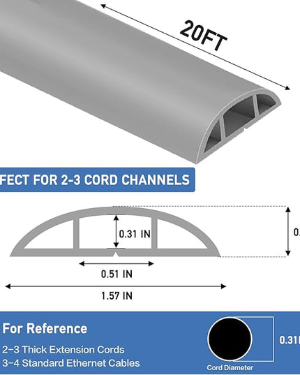 Floor Cord Cover Self Adhesive Cord Hider Floor Extension Cord Covers for Floor Power Cord Protector Cable Management Prevent Cable Trips Cable Cavity 0.51" W x 0.31" H (Grey, 20Ft)
