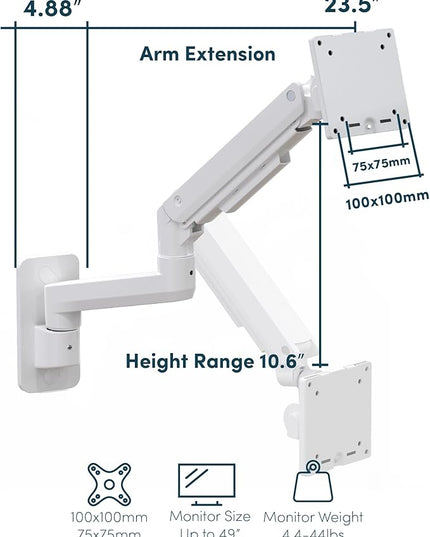 Monitor Wall Mount for 17-49 Inch Ultrawide Monitors, Single Monitor Arm Holds 4.4-44 lbs Screens, Adjustable Premium Aluminum Wall Mount with Max VESA 100x100 for Samsung Odyssey G9 and More, White