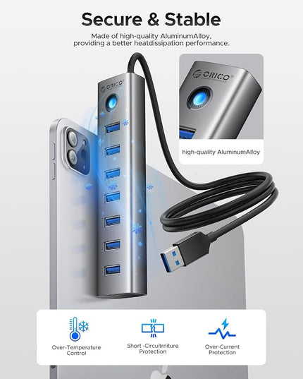 ORICO 7-Port USB 3.0 Hub, Aluminum USB Multiple Adapter, 5Gbps USB Extender USB Splitter with 3.28Ft Cable, UBS-A Hub Long Cable for Desktop, PC, Flash Drive, Mobile HDD, Windows/XPS