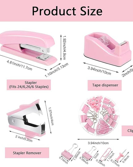 suniya Office Supplies,Desk Accessories,Tape Holder,Stapler,Scissor,Staple Remover,Box of Binder Clips,Staples,Ballpoint Pen,Lndex Tabs,Clear Tape,Office Supplies Set(Pink)