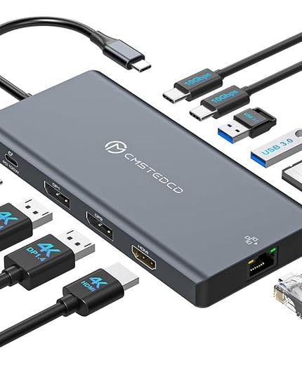 Laptop Docking Station 3 Monitor, 4K@120Hz Dual DisplayPort, 4K@60Hz HDMI, 12-in-1 USB C Hub, 10Gbps USBC 3.2, USB 3.0, PD100W, Ethernet SD/T, Triple Docking Station Multiport Adapter for Windows