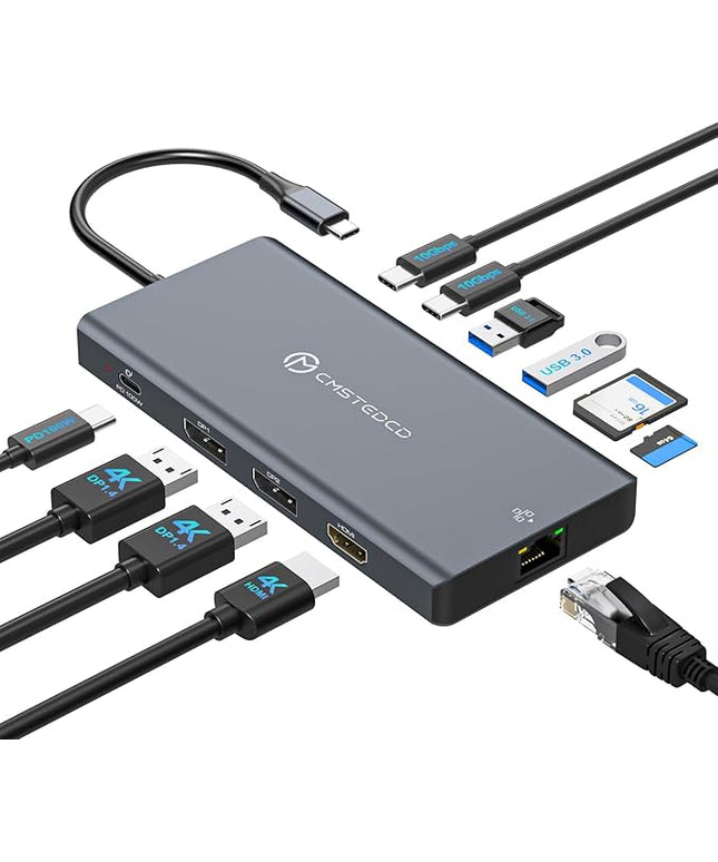 Laptop Docking Station 3 Monitor, 4K@120Hz Dual DisplayPort, 4K@60Hz HDMI, 12-in-1 USB C Hub, 10Gbps USBC 3.2, USB 3.0, PD100W, Ethernet SD/T, Triple Docking Station Multiport Adapter for Windows