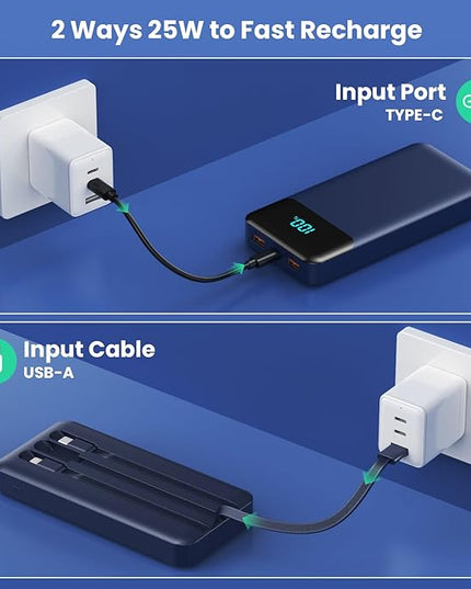 Portable Charger 40800mAh Power Bank with 3 Built-in Cable,PD 25W USB C in&Out Power Bank Fast Phone Charging,QC4.0 5 Output Travel Camping Essential Battery Pack for iPhone 17/16,Samsung Android-Navy