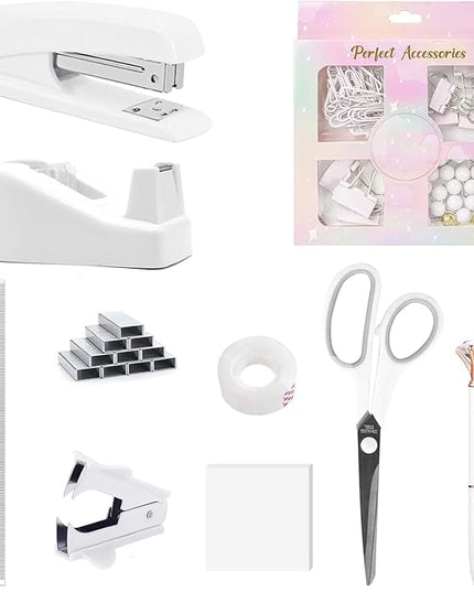 Office Supplies Set,Desk Accessories,Stapler and Tape Dispenser Set,1000 Staples,Staple Remover,Hinder Clips,Ruler,Scissor,Clear Tape,Ballpoint Pen,Sticky Notes,Gifts for Colleagues(White)