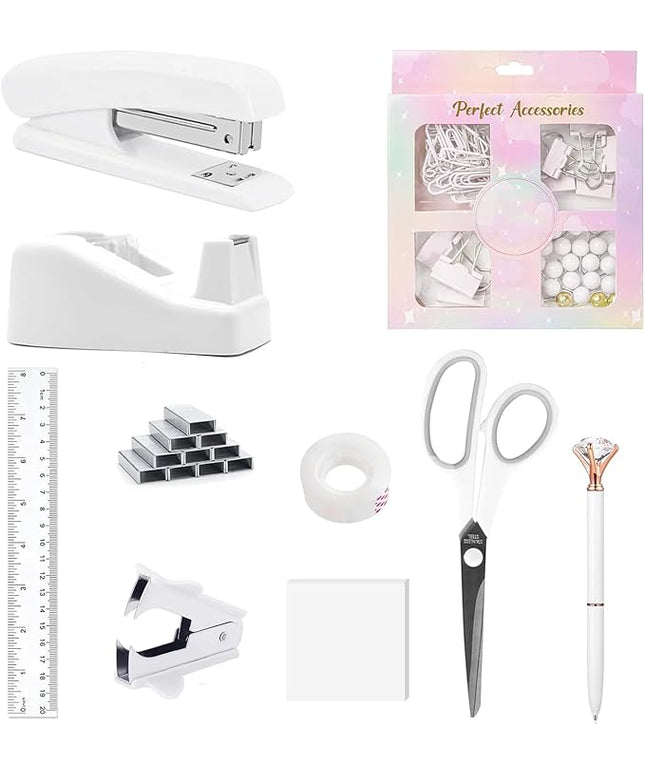 Office Supplies Set,Desk Accessories,Stapler and Tape Dispenser Set,1000 Staples,Staple Remover,Hinder Clips,Ruler,Scissor,Clear Tape,Ballpoint Pen,Sticky Notes,Gifts for Colleagues(White)