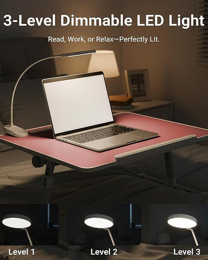 iXTRA Laptop Lap Desk with Cooling Fan - Adjustable Bed Desk with Light, Bed Table with Cup Holder&Phone Holder - Storage Drawer Desk - Folding Bed Desk,Pink,70x45cm