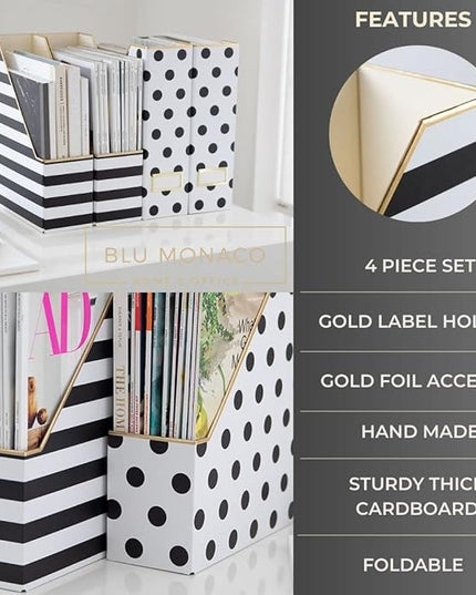 BLU MONACO Set of 4 Magazine File Boxes | 2 Black & White Stripes + 2 Polka Dots | Cardboard File Organizer Boxes for Desk, Office & Classroom Paper Storage – Foldable Magazine Holders
