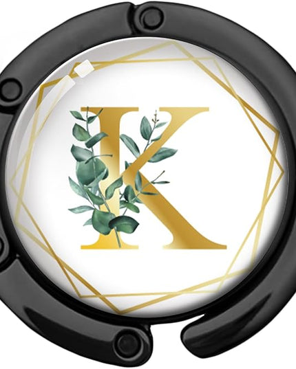 Gold Initial Foldable Purse Hook Gifts, Eucalyptus Letter Handbag Hanger, Women's Bag Hanger Holder, Round Purse Table Hook, Funny Desk Decor Gifts for Women Coworker Friend (Eucalyptus K)