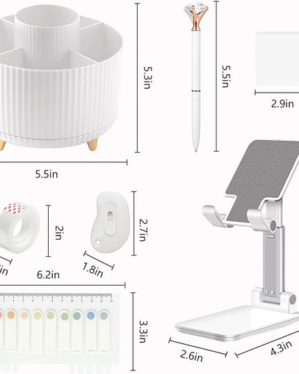 Office Supplies,Desk Accessories,with Stapler,Tape Dispenser,Staple Remover,Scissor,Ballpoint Pen,Sticky Notes,Clear Tape,Staples,Desk Organizer,Phone Stand,Binder,Index Tabs,Best Gift Set(White)