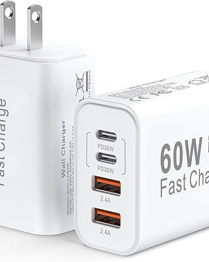 USB C Wall Fast Charger Block, 60W 4-Port Type C Charger Fast Charging Blocks +QC 3.0 USB C Multiport Charger Brick for Phone 16/15/14/13/12 Pro Max, Pad, Galaxy S24/23