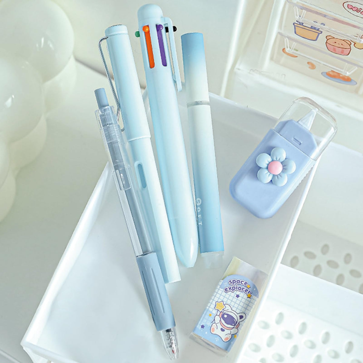 MOZXIRZ 6 Pcs Cute Pink Stationery Set Kawaii School Supplies Office Supplies Women Stationery Kit Including Ballpoint Pens Pencil Highlighter Correction Tape Ruler Eraser (Blue)