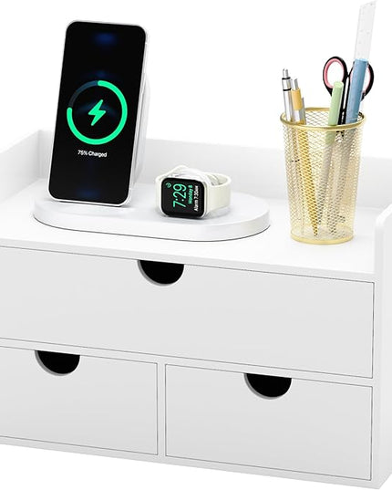 Bamboo Desk Organizer with Drawers Desktop Storage Drawers for Bills Office Supplies Kitchen Utensils Organizing Tool for Home Classroom Organization No Assembly (White with Shelf)