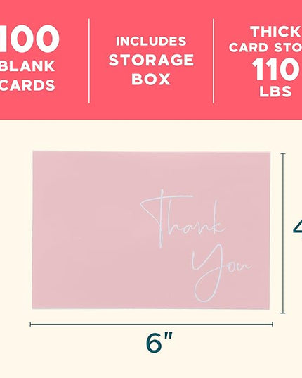 VNS Creations Thank You Cards With Envelopes Bulk Set & Stickers - 100 Pack 4x6 Blank Thank You Notes Bulk Box Set - Large Note Card Small Business, Wedding, Baby Shower & Bridal Shower - Pink