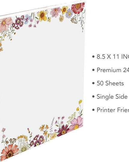 Flower Paper Stationery, Floral Letterhead Paper 8.5 x 11 Inches, 50 Sheets, Elegant Writing Paper, Pretty Stationary Paper, Decorative Printer Papr, Spring Wildflower Letter Paper Set