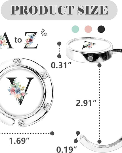 Iqimott 3pcs Personalized Initial Foldable Purse Hook for Table, Flower Letter Folding Handbag Hanger Portable Magnet Table Hook Holder, Collection Desk Purse Hooks for Women Bag (Black-V)