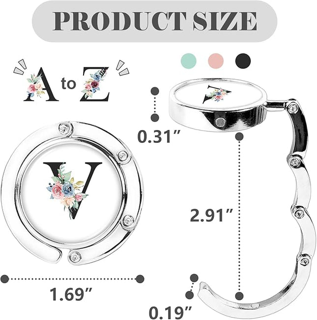 Iqimott 3pcs Personalized Initial Foldable Purse Hook for Table, Flower Letter Folding Handbag Hanger Portable Magnet Table Hook Holder, Collection Desk Purse Hooks for Women Bag (Black-V)