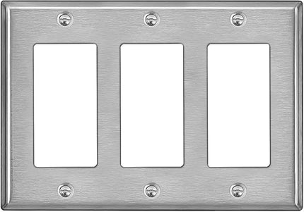 BESTTEN 3-Gang Decorator Metal Wall Plate with Ｗhite or Clear Plastic Film, Standard Size, H4.53" x W6.38", Stainless Steel Outlet Cover