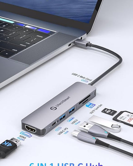 UtechSmart 6-in-1 USB-C Hub, 4K@60Hz HDMI Adapter for MacBook Pro/Air, Type-C Laptop Dongle (100W PD Port, SD/TF Card Reader, 2 USB 3.0 Ports)