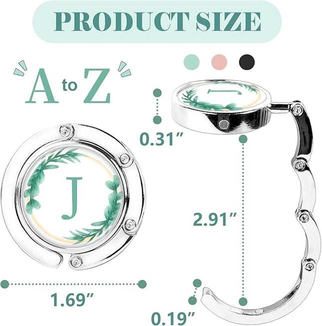 Iqimott 3pcs Personalized Initial Foldable Purse Hook for Table, Flower Letter Folding Handbag Hanger Portable Magnet Table Hook Holder, Collection Desk Purse Hooks for Women Bag (Green-J)