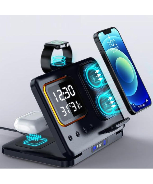 AYI 5in1 Multi Functional Wireless Charging Station with Digital Clock 15W Fast Charge Night Light Temperature Humidity Monitor Wireless Charger for All Qi Phone TWS Headphone and Apple Watch-Black