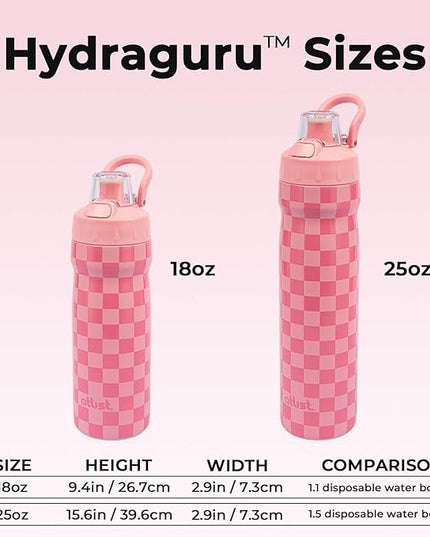 Magnetic Water Bottle with Straw 18 oz - Stainless Steel Insulated Tumbler for Gym & Bike (Fits Holders) - Leak Proof Pop-Up Lid, 2-in-1 Sip or Chug, Handle & Cute Pink Checkered Print