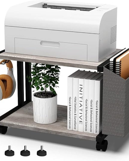 VEDECASA 2 Tier Vintage Greige Wooden Under Desk Printer Stand with Storage Bag for Home Office Desktop Printer Table Organizer Mobile Printer Shelf Cart with Caster Wheel