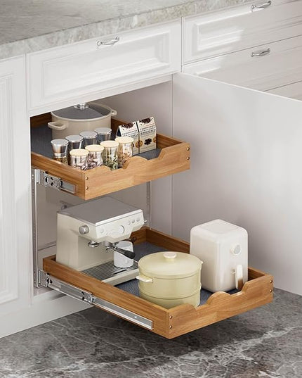 OCG 2 Tier Pull Out Cabinet Organizer (17"W x 21"D), Double Tier Slide out Wood Drawer Shelf, Pull Out Shelves for Base Cabinet Organization in Kitchen, Pantry, Bathroom