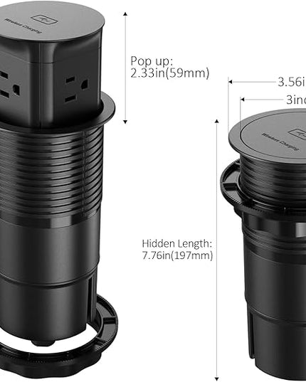 Jgstkcity Pop Up Outlet with 15W Wireless Charger,4 Outlets 15A, Splash Resistant,3 inch Desk Hole Power Grommet,Space Saver Outlet for Kitchen Countertop,Office Conference Table,ETL Listed (Black)