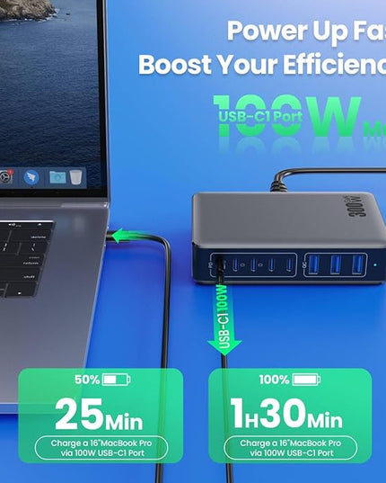 USB C Charger 300W USB C Charger Block, 8-Ports GaN IV Fast Charging Station Hub, Dual PD 100W Laptop Charger Adapter,for MacBook Pro/Air/iPad/iPhone16/15/14/Apple Watch/DELL/Samsung for Home Office