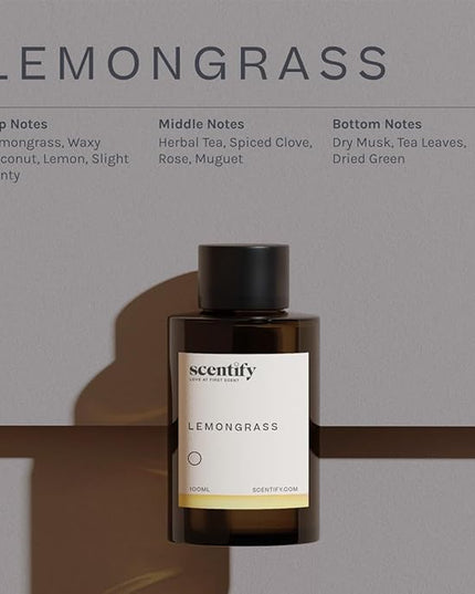 Scentify Lemongrass Aroma Oil Refill Scent for Oil Diffusers - Lemongrass, Clove, Musk Scents - Luxurious Relaxing Aromatherapy Diffuser Fragrance 100ml, 3.38 oz